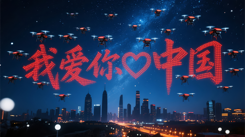 国庆节无人机爱国汇演科技城市背景图