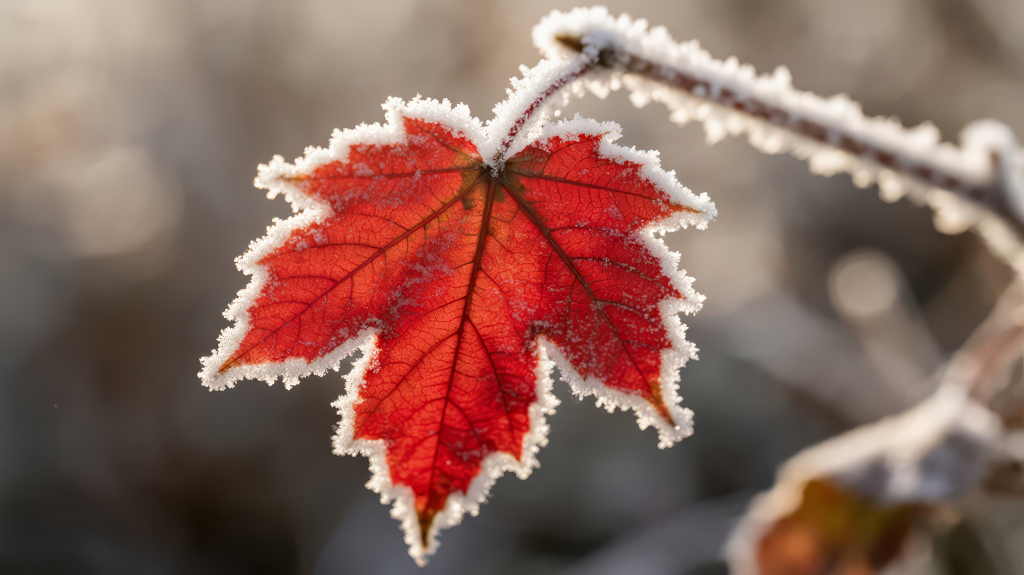 秋冬枫叶挂霜的唯美意境特写背景