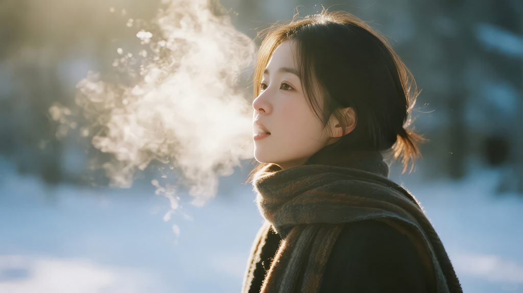 冬季雪地少女哈气治愈故事感背景图