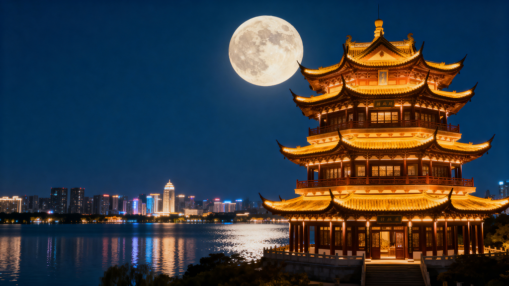 古建筑满月中式建筑城市夜景历史建筑月光明月楼阁城市天际线