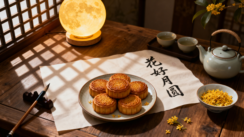 中秋主题月饼圆月茶具桂花中秋元素传统节日中秋氛围中秋摄影