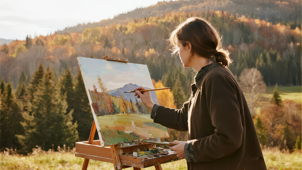 秋季户外写生的女画家治愈慢生活背景