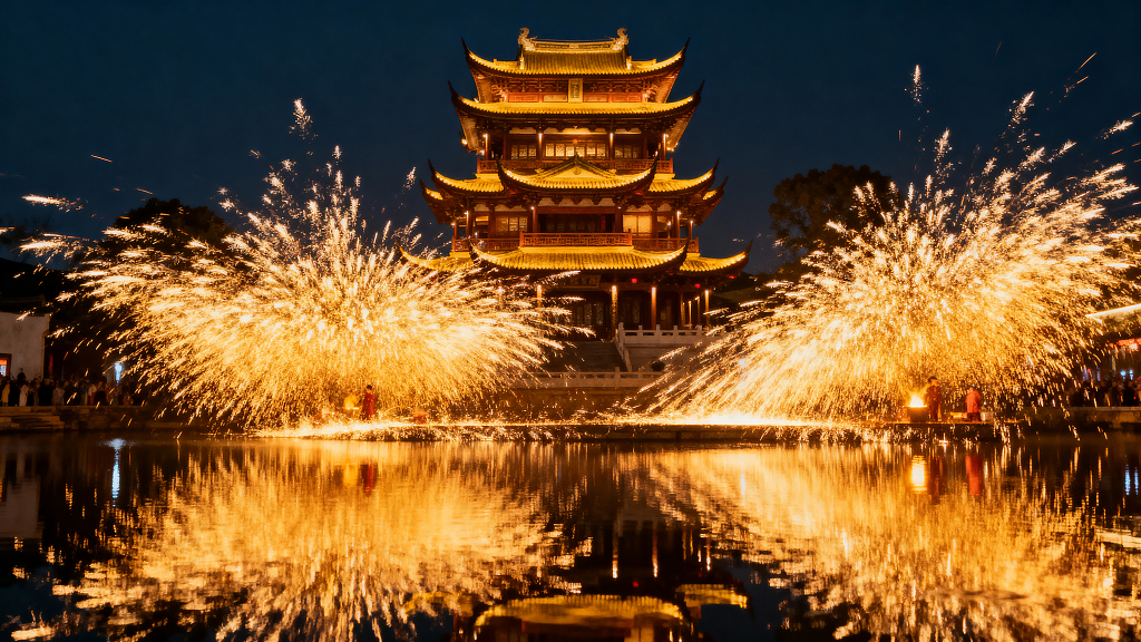 打铁花夜景湖面倒影传统技艺节日表演庆典活动中式美学民俗文化