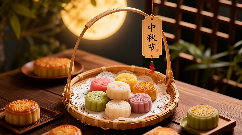 中秋月饼美食摄影多口味月饼竹编提篮