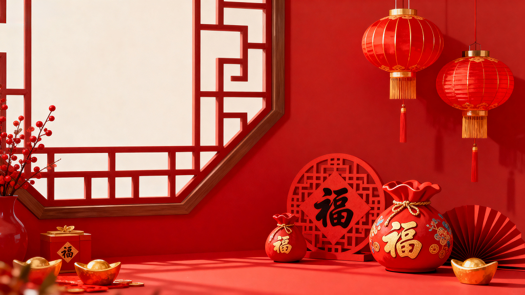 新年新春红色福字红灯笼中国结春节场景福袋金元宝中国风