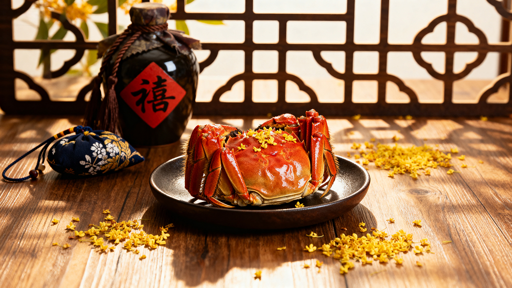 中秋美食海鲜熟蟹桂花酒坛禧美食摄影静物摄影
