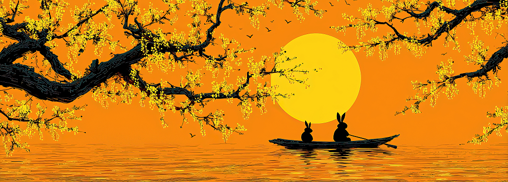 一艘小船在月光下的湖面桂花下中秋节海报背景