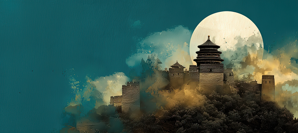 月亮下有一座中式建筑中秋节海报背景