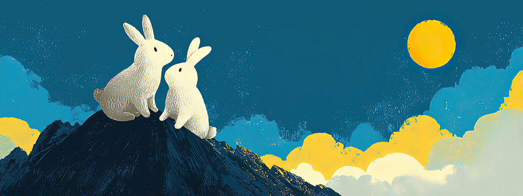 2只兔子云海月亮中秋节海报背景
