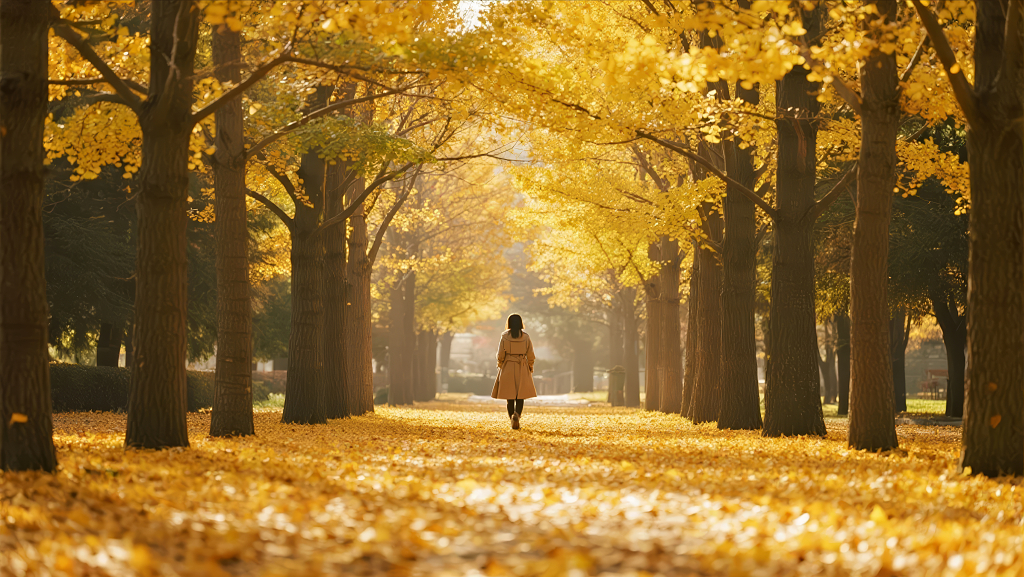 秋天独自走在金色银杏大道上的女孩背影
