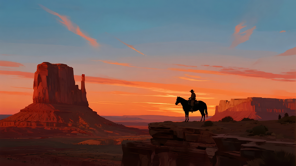 美国西部牛仔在纪念碑谷的黄昏剪影图
