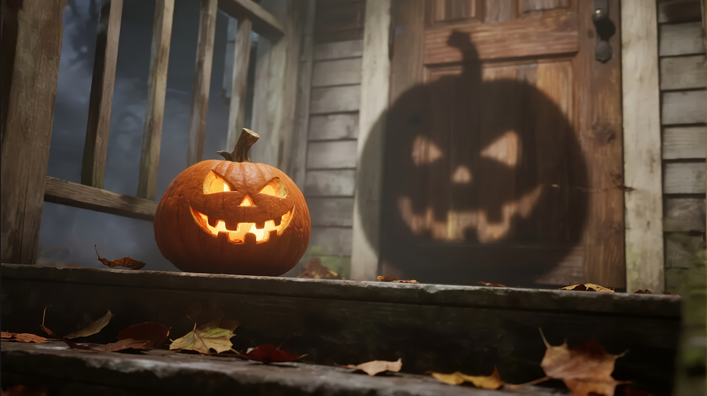 万圣节恐怖鬼脸南瓜灯的节日派对氛围