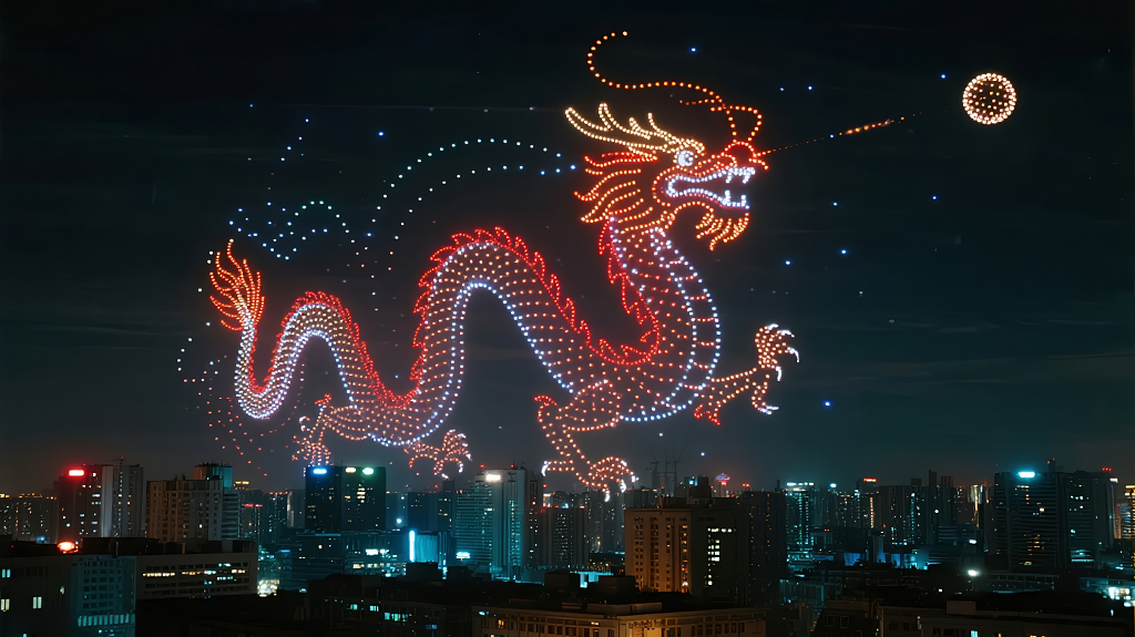 城市夜空无人机编队表演呈现的巨龙图腾