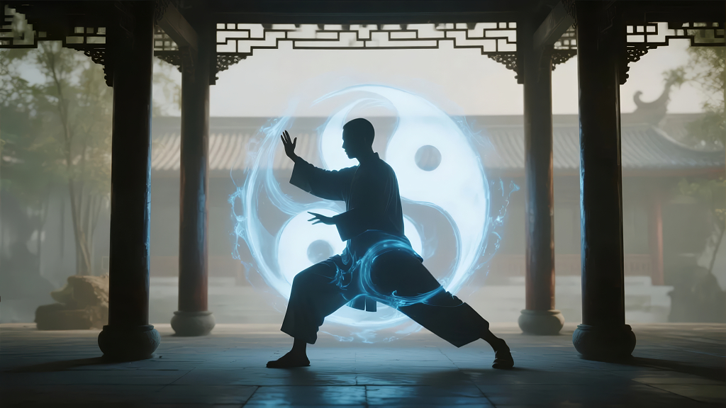 功夫高手在庭院里练习太极拳的场景