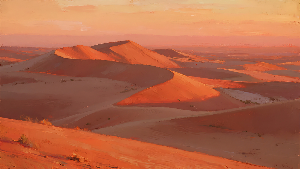 日落时分沙漠沙丘的柔美光影曲线景观