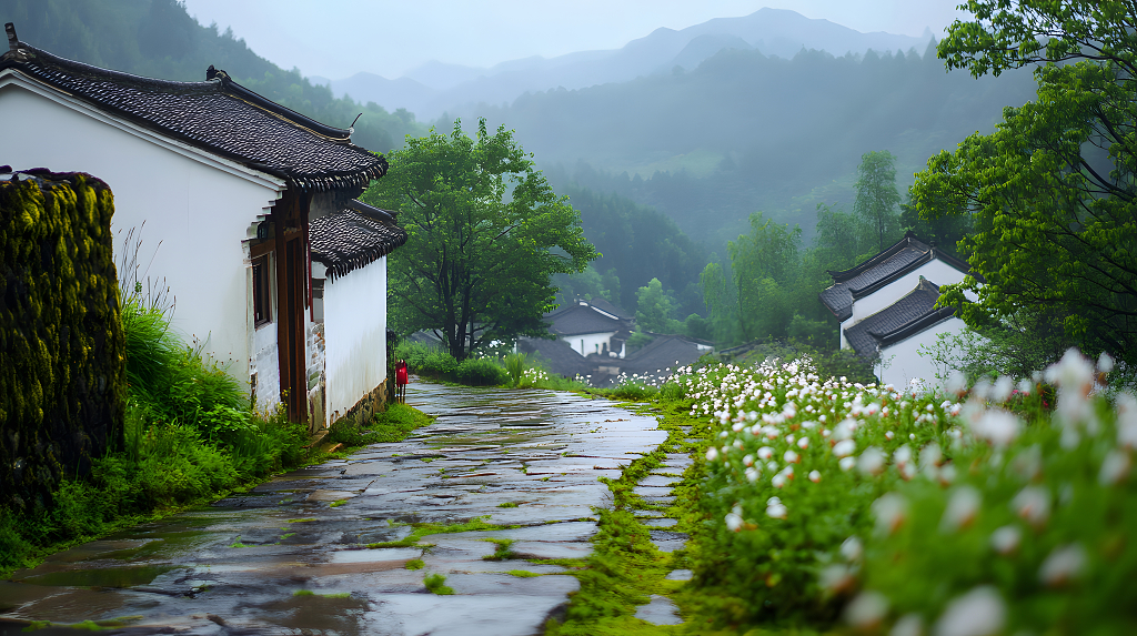 雨中古村小径
