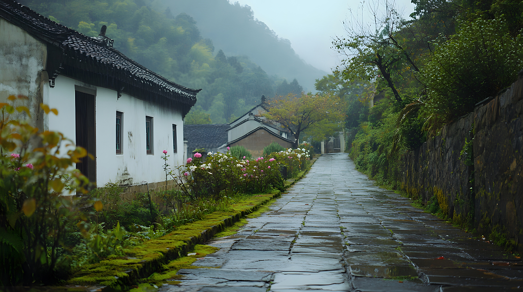 雨中古村小径