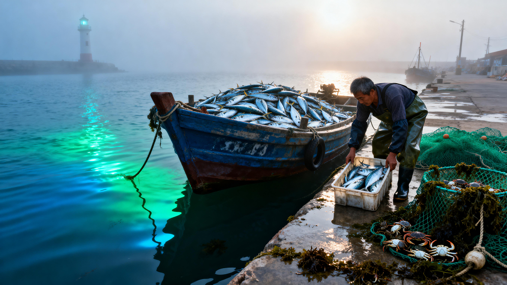 海边码头渔民整理渔获的清晨场景高清摄影图