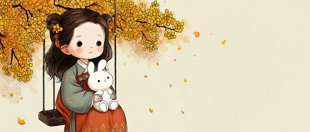 一个小女孩抱着一只兔子中秋节秋天海报背景