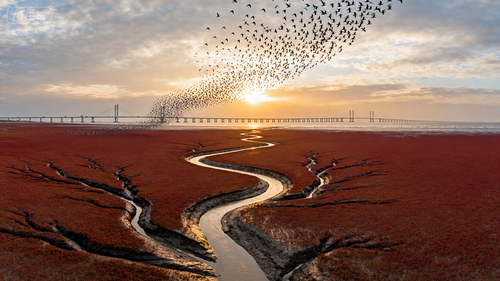 上海南汇新城湿地退潮滩涂抽象画