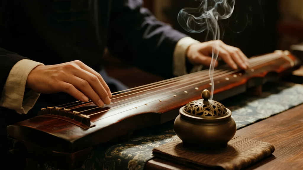 中秋节焚香抚琴的国风雅致生活场景