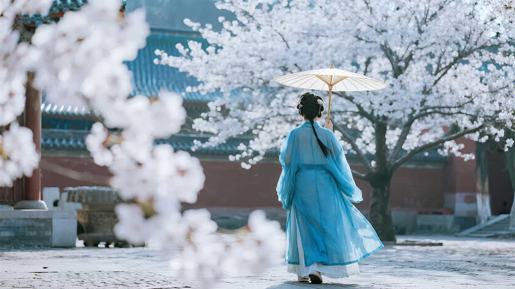 2025年末大雪里撑伞的汉服少女背影