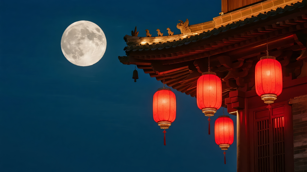中秋节的圆月与古建筑灯笼的夜景图