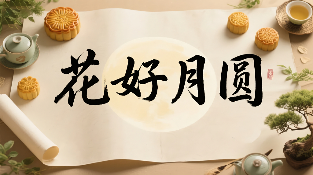 中秋节花好月圆书法与月饼的节日背景
