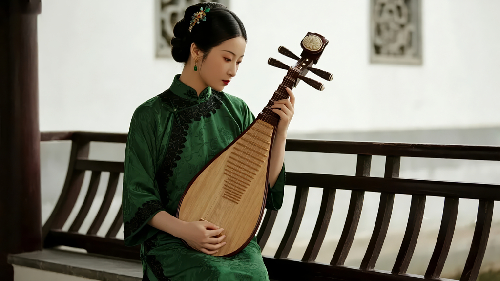 国庆节文艺演出弹奏琵琶的古典美人