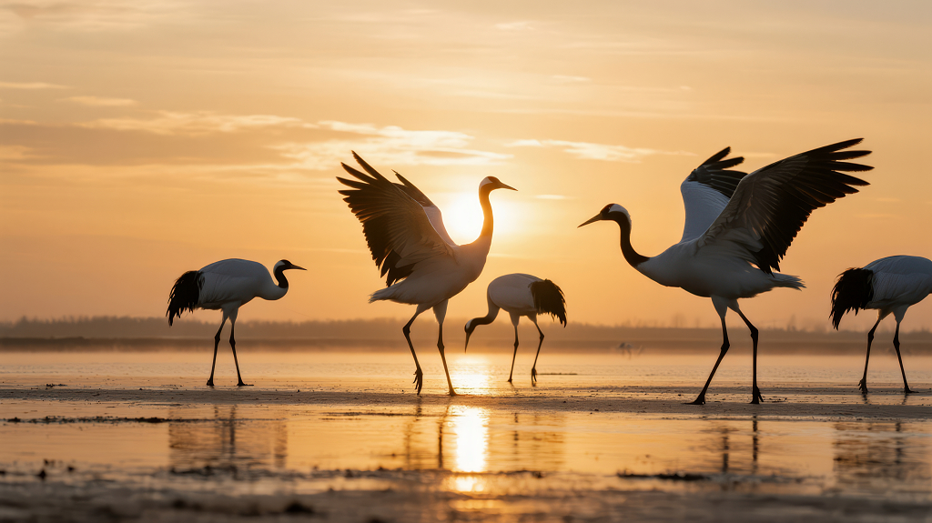 国风丹顶鹤日落剪影唯美意境背景
