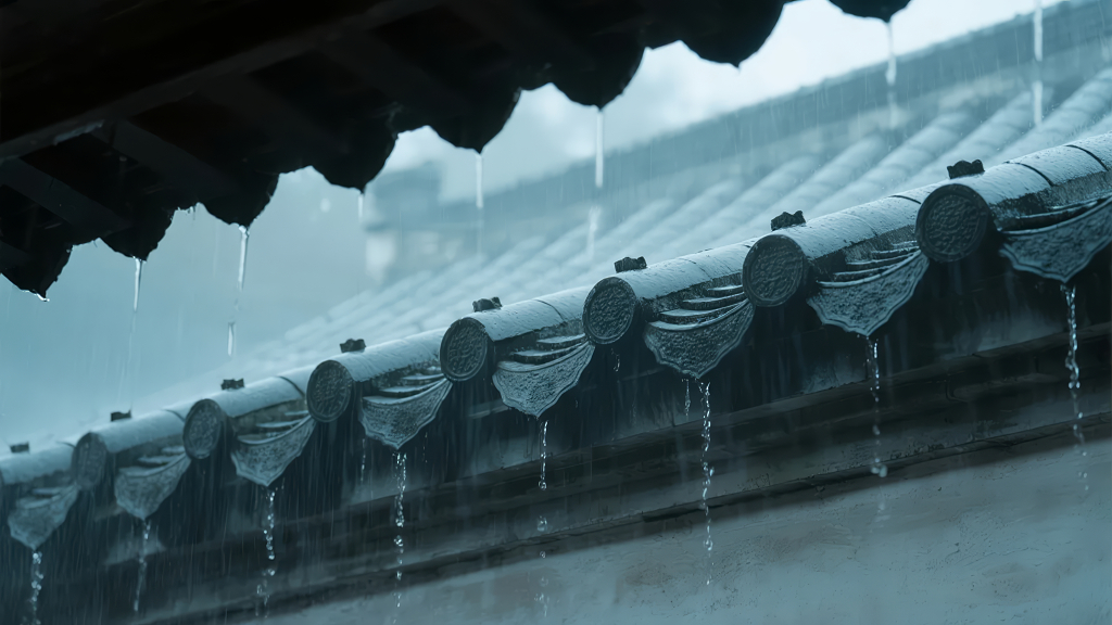 2025年秋雨落在中式屋檐瓦当的瞬间