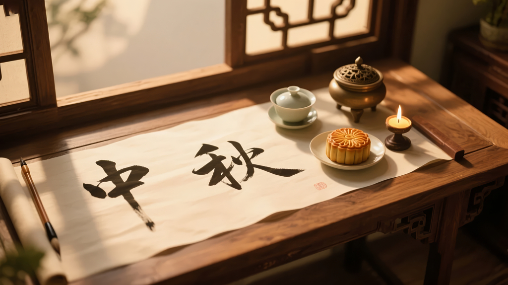 中秋书法与月饼茶点营造传统节日氛围