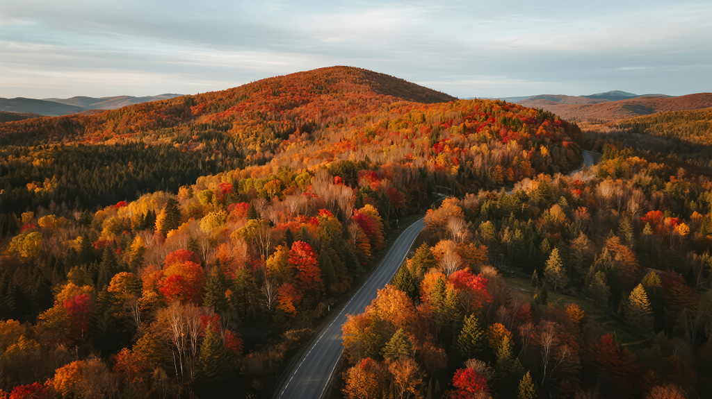 秋季层林尽染的公路航拍壮丽背景