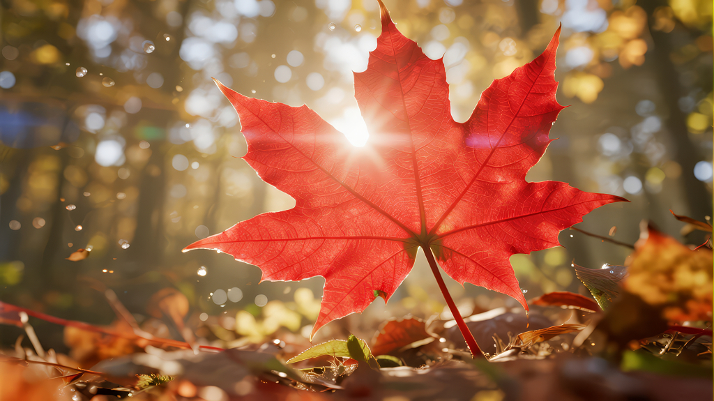 秋季阳光穿透枫叶的希望唯美背景