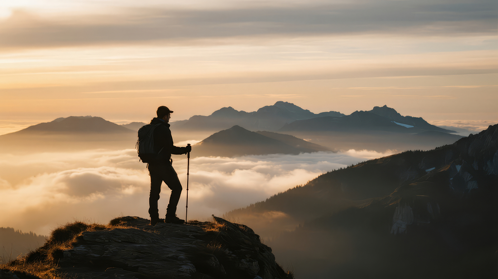 登山者眺望云海的成功励志背景