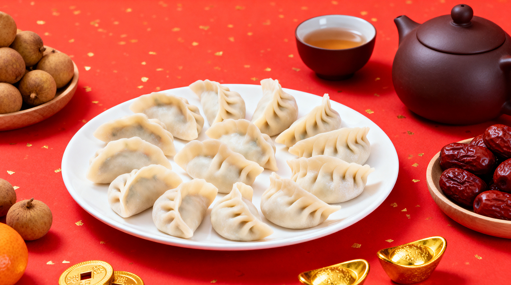 一盘刚包好的饺子春节元宵节