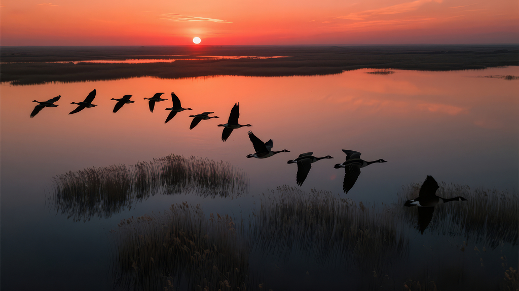 大雁南飞团队合作日落史诗感背景