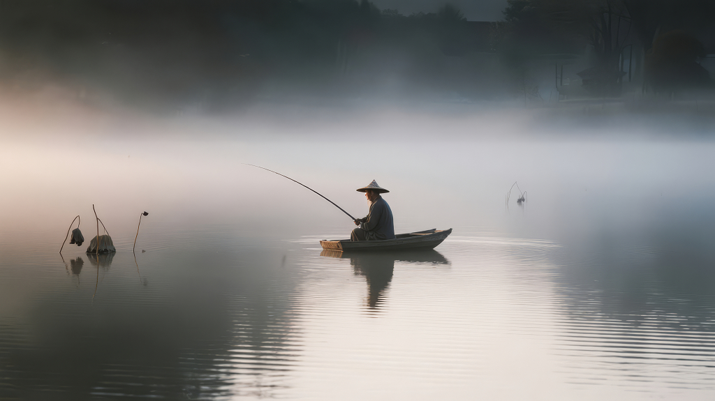 孤舟蓑笠翁晨雾独钓水墨意境背景