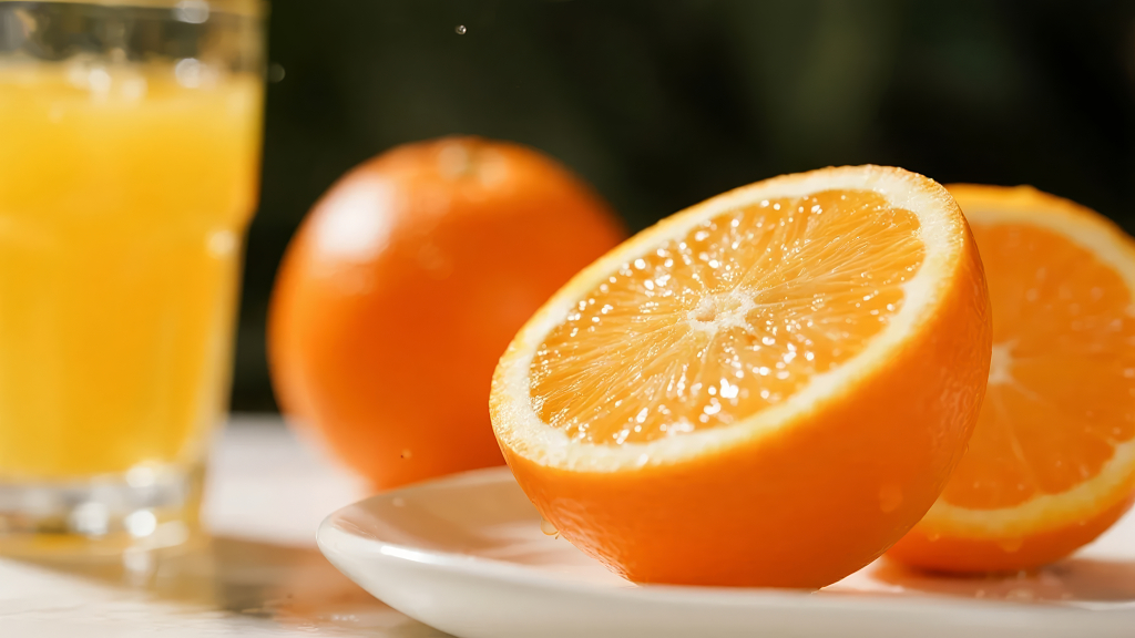 秋季丰收的橙子与鲜榨橙汁的健康生活