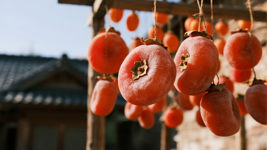 秋季农家晾晒柿饼的丰收美食背景