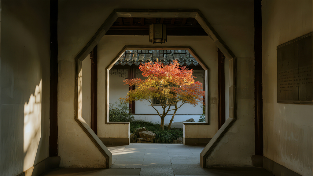 中式园林秋景框景禅意唯美背景