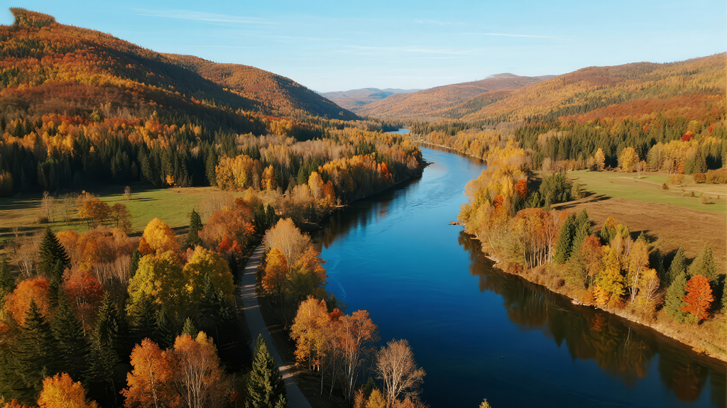 秋季河流山谷壮丽风景航拍背景图