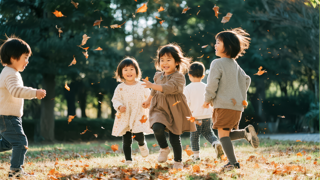秋季儿童户外嬉戏的快乐童年背景