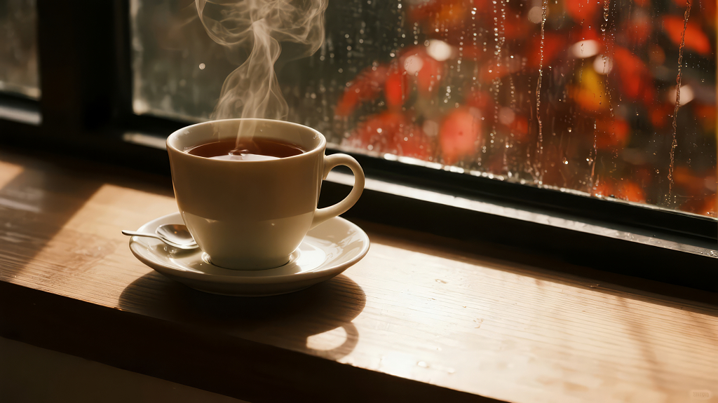 秋季窗边热饮温暖治愈慢生活背景