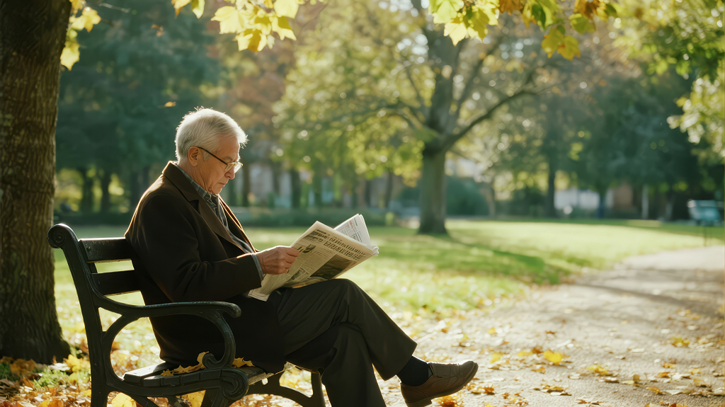 秋季公园老人读报的悠闲慢生活背景