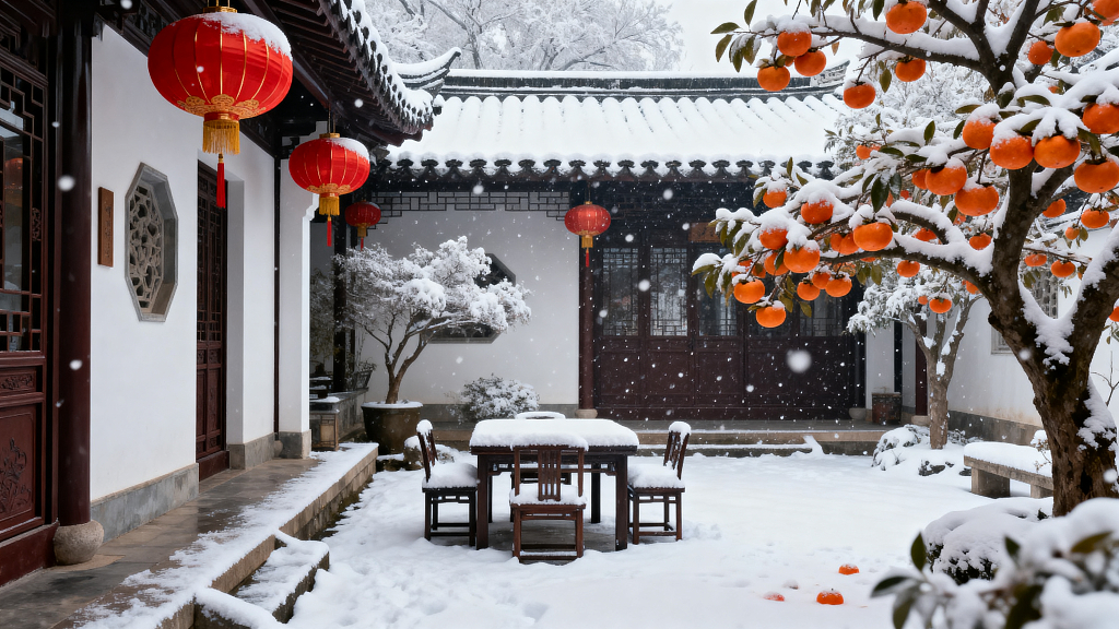 冬日中式庭院雪景庭院