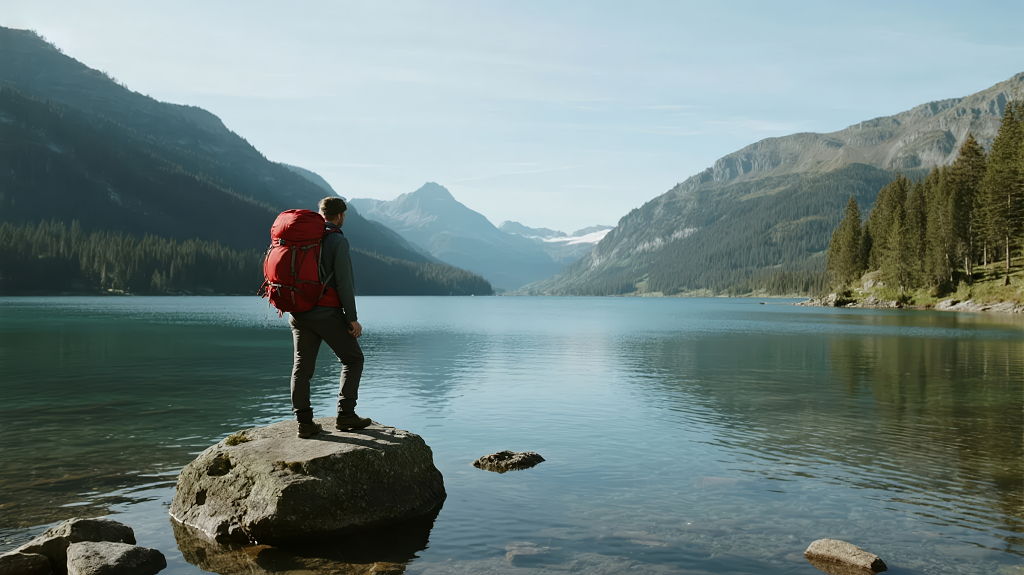 国庆节假期户外徒步旅行的背包客背影