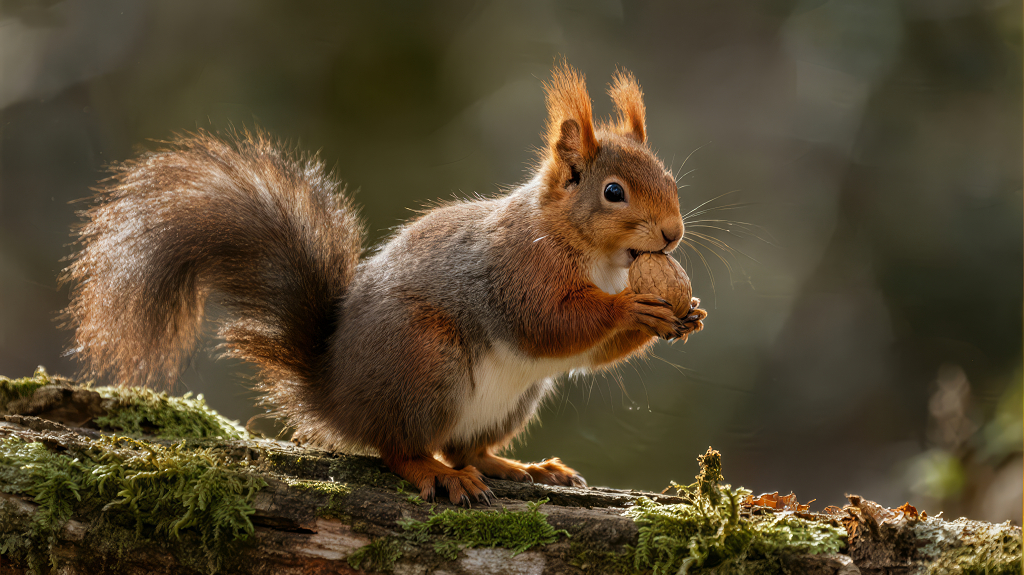森林里抱着坚果的小松鼠可爱背景