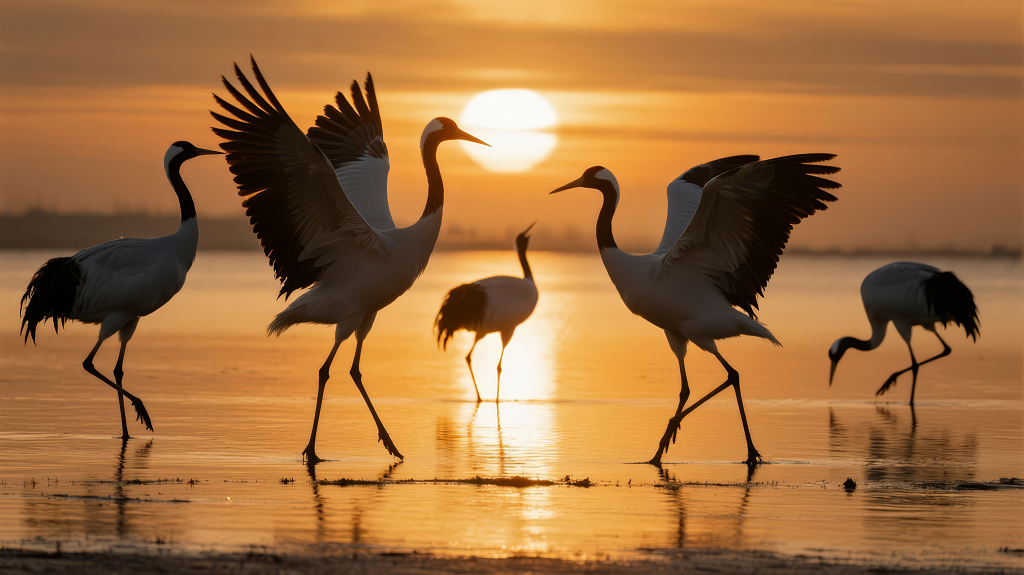 仙鹤日落湿地剪影的唯美意境背景