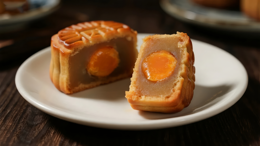 中秋佳节蛋黄莲蓉广式月饼的特写镜头